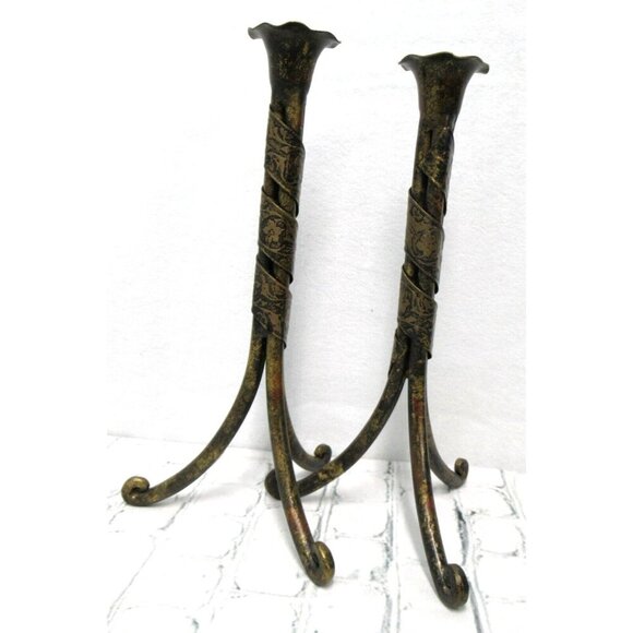 Other - Pair of 10" Metal Candle Holders Wrapped in Poinsettia Flower Design Metal Band